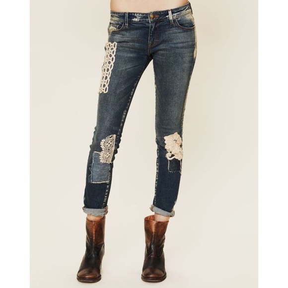 Free People Denim - Free People Artisan de Luxe Lace Patchwork Dark Blue Denim Distress Skin…